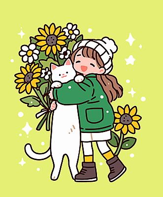 전신 모자 여자 행복 어린이 겨울 일러스트 포옹 해바라기 한명 소녀 초록색 반려동물 고양이 우정 소녀한명만 반려묘 국내일러스트 AI파일 동물 1 잡화 계절 꽃 감정 컬러 포유류 안기 사람 친구 여자한명만 소녀만 파일형식 벡터