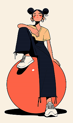 여자 스포츠 의자 일러스트 한명 앉기 성인 빨간색 운동복 운동 눈감음 귀걸이 짐볼 편안함 성인여자한명만 국내일러스트 AI파일 1 옷 컬러 가구 장신구 모션 건강 사람 감각 여자한명만 성인여자만 파일형식 벡터