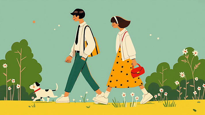 JPG 전신 나무 공원 여자 남자 꽃 가방 일러스트 자연 성인 두명 초록색 산책 강아지 주머니손 성인만 국내일러스트 AI일러스트 AI콘텐츠 식물 잡화 공공시설 컬러 모션 휴식 사람 반려동물 개 생태계 파일형식