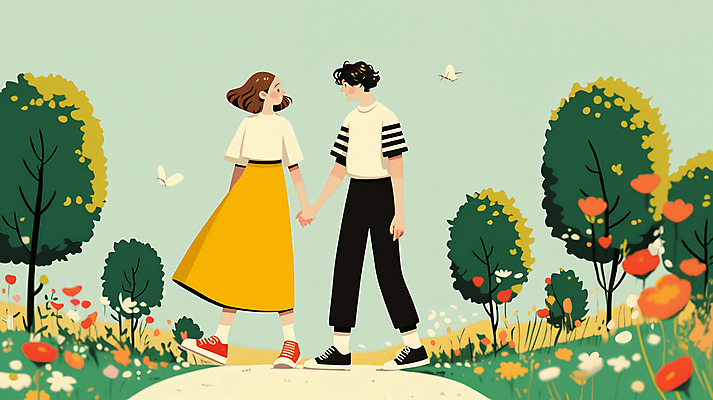 JPG 전신 나무 커플 옷 공원 여자 남자 꽃 나비 일러스트 자연 대화 성인 두명 초록색 손잡기 산책 성인만 국내일러스트 AI일러스트 AI콘텐츠 식물 공공시설 컬러 곤충 관계 모션 휴식 말하기 사람 생태계 파일형식