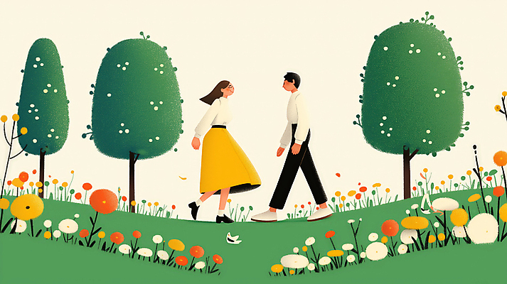 JPG 전신 나무 커플 옷 공원 여자 남자 꽃 일러스트 자연 대화 성인 두명 초록색 마주보기 산책 만남 교류 성인만 국내일러스트 AI일러스트 AI콘텐츠 식물 공공시설 컬러 컨셉 관계 모션 휴식 말하기 사람 생태계 파일형식