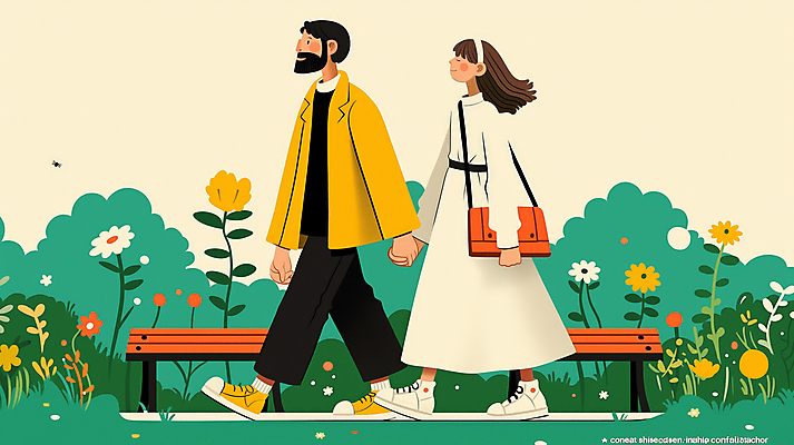 JPG 전신 나무 공원 여자 남자 꽃 벤치 가방 일러스트 자연 동화 성인 두명 초록색 손잡기 산책 성인만 국내일러스트 AI일러스트 AI콘텐츠 식물 잡화 공공시설 컬러 의자 모션 휴식 사람 생태계 파일형식