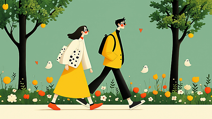 JPG 전신 나무 여자 남자 꽃 가방 일러스트 자연 동화 성인 두명 초록색 선글라스 손잡기 산책 주머니손 성인만 국내일러스트 AI일러스트 AI콘텐츠 식물 잡화 안경 컬러 모션 휴식 사람 생태계 파일형식