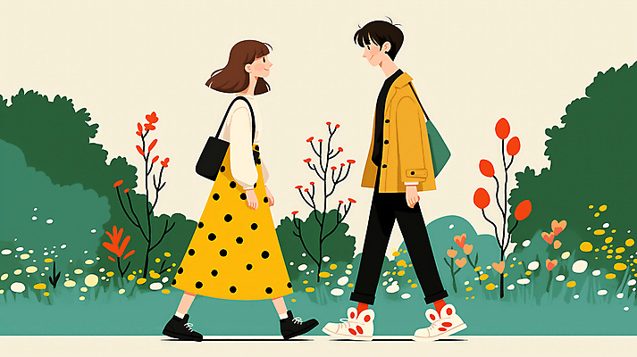 JPG 전신 나무 공원 여자 남자 꽃 가방 일러스트 자연 동화 성인 두명 초록색 마주보기 손잡기 산책 성인만 국내일러스트 AI일러스트 AI콘텐츠 식물 잡화 공공시설 컬러 모션 휴식 사람 생태계 파일형식