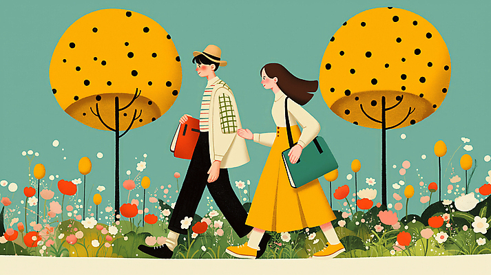 JPG 전신 나무 공원 여자 남자 꽃 가방 일러스트 자연 동화 성인 두명 초록색 손잡기 산책 성인만 국내일러스트 AI일러스트 AI콘텐츠 식물 잡화 공공시설 컬러 모션 휴식 사람 생태계 파일형식