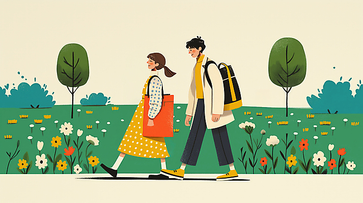 JPG 전신 나무 공원 여자 남자 꽃 가방 일러스트 자연 동화 성인 두명 초록색 손잡기 산책 성인만 국내일러스트 AI일러스트 AI콘텐츠 식물 잡화 공공시설 컬러 모션 휴식 사람 생태계 파일형식