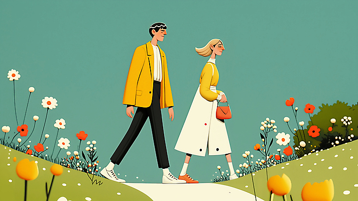 JPG 전신 나무 공원 여자 남자 꽃 가방 일러스트 자연 동화 들기 성인 두명 초록색 손잡기 산책 성인만 국내일러스트 AI일러스트 AI콘텐츠 식물 잡화 공공시설 컬러 모션 휴식 사람 생태계 파일형식