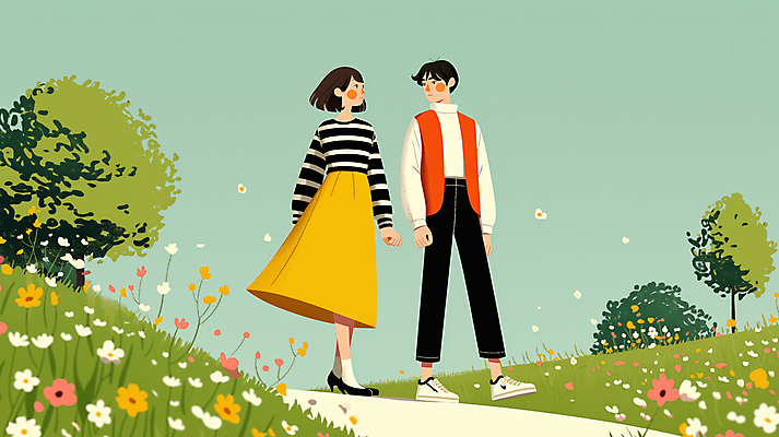 JPG 전신 나무 공원 여자 남자 꽃 일러스트 자연 동화 성인 두명 초록색 마주보기 손잡기 산책 성인만 국내일러스트 AI일러스트 AI콘텐츠 식물 공공시설 컬러 모션 휴식 사람 생태계 파일형식