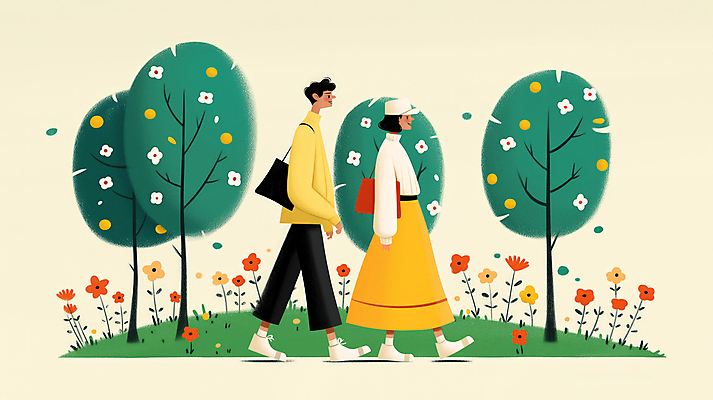 JPG 전신 나무 모자 공원 여자 남자 꽃 가방 일러스트 자연 동화 성인 두명 초록색 손잡기 산책 성인만 국내일러스트 AI일러스트 AI콘텐츠 식물 잡화 공공시설 컬러 모션 휴식 사람 생태계 파일형식