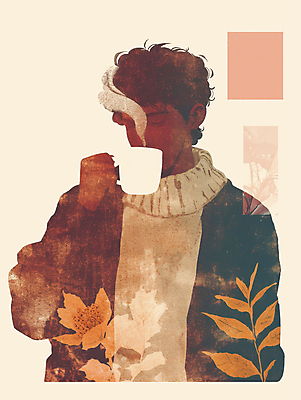PSD 남자 커피 낙엽 일러스트 수채화 한명 들기 성인 갈색 마시기 가을 커피잔 오브젝트 감성 성인남자한명만 국내일러스트 1 계절 음료 컬러 컨셉 잎 모션 잔 사람 남자한명만 성인남자만 파일형식
