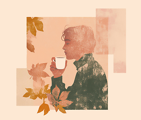 PSD 남자 커피 낙엽 일러스트 수채화 한명 들기 성인 갈색 마시기 가을 커피잔 오브젝트 감성 성인남자한명만 2025년 트렌드컬러 국내일러스트 모카무스 1 계절 음료 컬러 컨셉 잎 모션 잔 사람 연도 남자한명만 성인남자만 파일형식