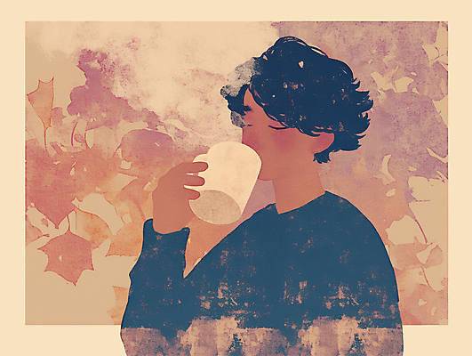 PSD 남자 커피 낙엽 일러스트 수채화 한명 들기 성인 갈색 마시기 가을 커피잔 오브젝트 감성 성인남자한명만 국내일러스트 1 계절 음료 컬러 컨셉 잎 모션 잔 사람 남자한명만 성인남자만 파일형식