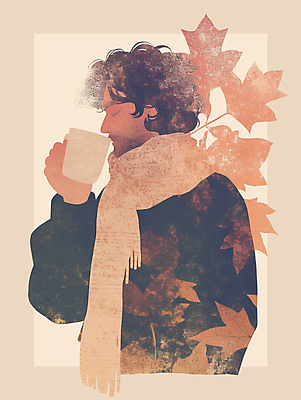 PSD 남자 커피 낙엽 일러스트 수채화 한명 들기 성인 갈색 마시기 가을 커피잔 오브젝트 감성 성인남자한명만 국내일러스트 1 계절 음료 컬러 컨셉 잎 모션 잔 사람 남자한명만 성인남자만 파일형식