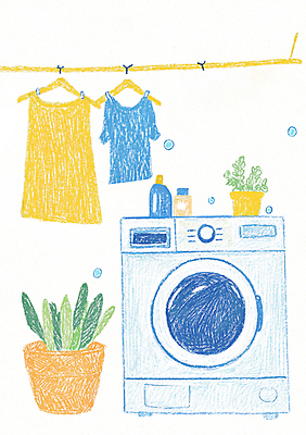 JPG 라이프스타일 옷 화분 화초 일러스트 동화 사람없음 파란색 청결 비눗방울 빨래 낙서 옷걸이 감성 세탁기 다용도실 세탁실 국내일러스트 AI일러스트 AI콘텐츠 식물 컬러 컨셉 가사 생활 가전제품 위생 파일형식