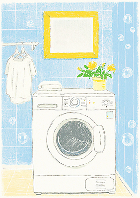 JPG 라이프스타일 옷 꽃 화분 화초 일러스트 동화 사람없음 파란색 수건 청결 비눗방울 빨래 낙서 옷걸이 세탁기 다용도실 세탁실 국내일러스트 AI일러스트 AI콘텐츠 식물 컬러 가사 생활 위생용품 가전제품 위생 파일형식