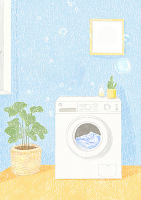 JPG 라이프스타일 옷 화분 화초 일러스트 동화 사람없음 파란색 청결 비눗방울 빨래 낙서 세탁기 다용도실 세탁실 국내일러스트 AI일러스트 AI콘텐츠 식물 컬러 가사 생활 가전제품 위생 파일형식
