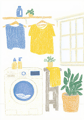 JPG 라이프스타일 옷 화분 화초 일러스트 창문 탁자 동화 사람없음 노란색 청결 빨래 낙서 옷걸이 세탁기 다용도실 세탁실 국내일러스트 AI일러스트 AI콘텐츠 식물 컬러 가구 가사 생활 가전제품 위생 파일형식