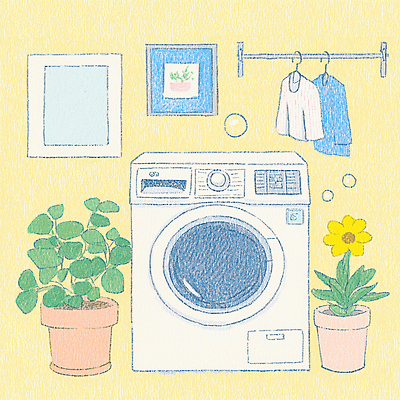 JPG 라이프스타일 옷 꽃 화분 화초 일러스트 동화 사람없음 노란색 청결 비눗방울 빨래 낙서 옷걸이 세탁기 다용도실 세탁실 국내일러스트 AI일러스트 AI콘텐츠 식물 컬러 가사 생활 가전제품 위생 파일형식