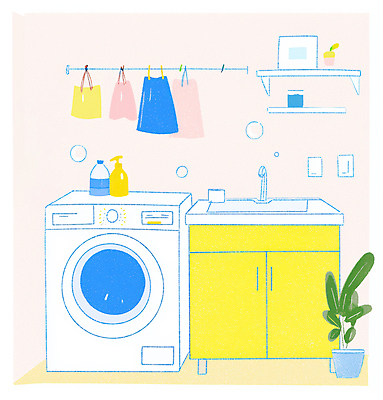 JPG 라이프스타일 옷 화분 화초 일러스트 동화 사람없음 노란색 청결 비눗방울 빨래 낙서 옷걸이 싱크대 세탁기 다용도실 세탁실 국내일러스트 AI일러스트 AI콘텐츠 식물 컬러 가사 생활 가전제품 위생 개수대 파일형식