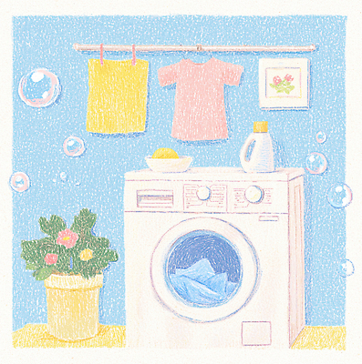 JPG 라이프스타일 옷 화분 화초 일러스트 동화 사람없음 파란색 청결 비눗방울 빨래 낙서 옷걸이 세탁기 다용도실 세탁실 국내일러스트 AI일러스트 AI콘텐츠 식물 컬러 가사 생활 가전제품 위생 파일형식