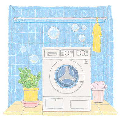 JPG 라이프스타일 옷 화분 화초 일러스트 동화 사람없음 파란색 청결 비눗방울 빨래 낙서 옷걸이 세탁기 다용도실 세탁실 국내일러스트 AI일러스트 AI콘텐츠 식물 컬러 가사 생활 가전제품 위생 파일형식