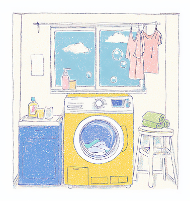 JPG 라이프스타일 옷 화분 의자 일러스트 창문 동화 사람없음 노란색 청결 빨래 낙서 옷걸이 세탁기 다용도실 세탁실 국내일러스트 AI일러스트 AI콘텐츠 컬러 가구 가사 생활 가전제품 위생 파일형식