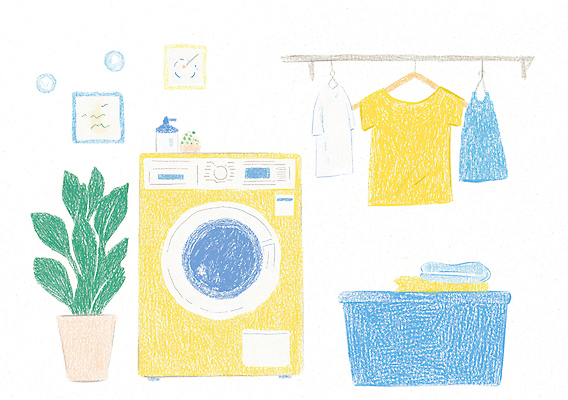 JPG 라이프스타일 옷 화분 화초 일러스트 동화 사람없음 노란색 청결 빨래 낙서 옷걸이 세탁기 다용도실 빨래바구니 세탁실 국내일러스트 AI일러스트 AI콘텐츠 식물 컬러 가사 생활 바구니 가전제품 위생 파일형식