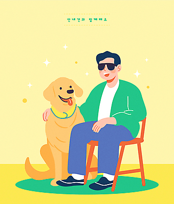 전신 남자 행복 의자 일러스트 함께함 한명 미소 앉기 선글라스 노란색 골든리트리버 강아지 장애인 시각장애인 안내견 장애인의날 지원 성인남자한명만 국내일러스트 AI파일 1 감정 안경 컬러 가구 컨셉 모션 표정 사람 반려동물 개 리트리버 장애 남자한명만 성인남자만 파일형식 벡터 법정기념일