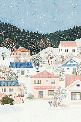 JPG 나무 분홍색 겨울 일러스트 산 주택 풍경 사람없음 숲 감성 산동네 국내일러스트 AI일러스트 AI콘텐츠 식물 계절 컬러 컨셉 건물 마을 파일형식