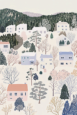 JPG 나무 분홍색 겨울 일러스트 산 주택 풍경 사람없음 숲 감성 산동네 국내일러스트 AI일러스트 AI콘텐츠 식물 계절 컬러 컨셉 건물 마을 파일형식