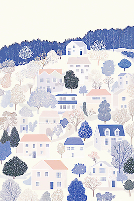 JPG 나무 겨울 일러스트 산 주택 풍경 사람없음 파란색 숲 감성 산동네 국내일러스트 AI일러스트 AI콘텐츠 식물 계절 컬러 컨셉 건물 마을 파일형식