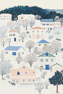 JPG 나무 겨울 일러스트 산 주택 풍경 사람없음 파란색 숲 감성 산동네 국내일러스트 AI일러스트 AI콘텐츠 식물 계절 컬러 컨셉 건물 마을 파일형식