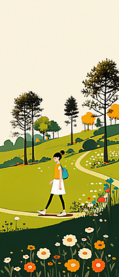 JPG 전신 나무 공원 여자 꽃 여행 꽃밭 일러스트 자연 하늘 휴식 한명 풍경 성인 초록색 평화 걷기 산책 산책로 숲길 치유 성인여자한명만 국내일러스트 AI일러스트 AI콘텐츠 식물 1 공공시설 길 컬러 컨셉 모션 사람 생태계 여자한명만 성인여자만 파일형식