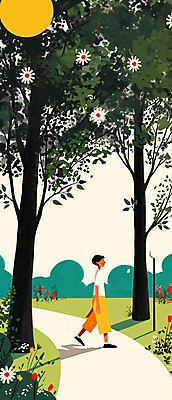 JPG 전신 나무 공원 여자 꽃 여행 꽃밭 일러스트 자연 하늘 휴식 한명 풍경 성인 초록색 평화 걷기 산책 산책로 숲길 치유 성인여자한명만 국내일러스트 AI일러스트 AI콘텐츠 식물 1 공공시설 길 컬러 컨셉 모션 사람 생태계 여자한명만 성인여자만 파일형식