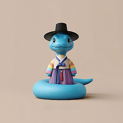 JPG 편집이미지 상징 새해 3D캐릭터 사람없음 파란색 귀여움 뱀띠 뱀 전통의상 한복 엘리먼트 청사 을사년 편집3D 푸른뱀 푸른뱀캐릭터 AI컴퓨터그래픽 AI콘텐츠 캐릭터 한국전통 전통 컬러 컨셉 파충류 3D 십이지신 뱀캐릭터 파일형식 2025년