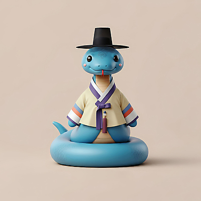 JPG 편집이미지 전통문화 상징 새해 3D캐릭터 사람없음 파란색 귀여움 뱀띠 뱀 전통의상 한복 엘리먼트 청사 을사년 편집3D 푸른뱀 푸른뱀캐릭터 AI컴퓨터그래픽 AI콘텐츠 캐릭터 한국전통 전통 문화 컬러 컨셉 파충류 3D 십이지신 뱀캐릭터 파일형식 2025년
