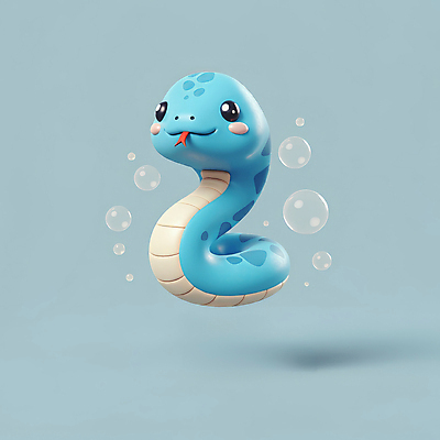 JPG 편집이미지 새해 3D캐릭터 사람없음 파란색 귀여움 물방울 뱀띠 뱀 비눗방울 엘리먼트 청사 을사년 편집3D 푸른뱀 푸른뱀캐릭터 AI컴퓨터그래픽 AI콘텐츠 캐릭터 컬러 컨셉 파충류 3D 십이지신 뱀캐릭터 파일형식 2025년