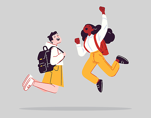 학생 여자 남자 일러스트 학교 청소년 방학 책가방 웃음 두명 점프 기쁨 만세 즐거움 활기 십대만 국내일러스트 AI파일 교육 감정 컨셉 가방 모션 휴가 표정 사람 파일형식 벡터