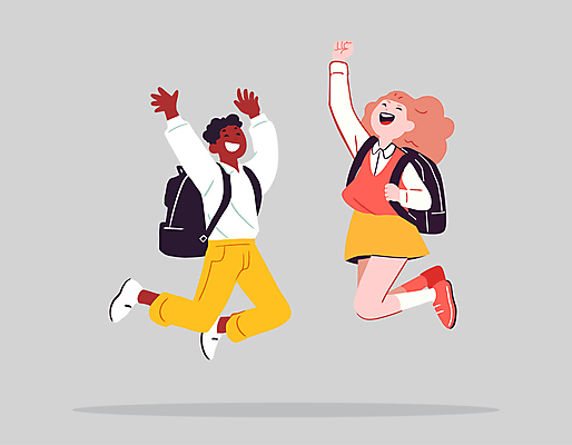 학생 여자 남자 일러스트 학교 청소년 방학 책가방 웃음 두명 점프 기쁨 만세 즐거움 활기 십대만 국내일러스트 AI파일 교육 감정 컨셉 가방 모션 휴가 표정 사람 파일형식 벡터