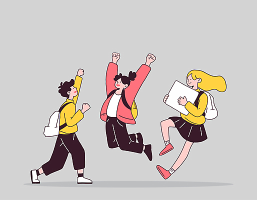 학생 여자 남자 일러스트 학교 청소년 방학 책가방 웃음 들기 세명 친구 상자 점프 기쁨 만세 즐거움 활기 십대만 국내일러스트 AI파일 교육 감정 컨셉 가방 관계 모션 휴가 표정 사람 파일형식 벡터