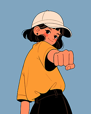 여자 일러스트 청소년 자연 한명 미소 노란색 귀걸이 주먹 활기 캡모자 십대여자한명만 국내일러스트 AI파일 모자_잡화 1 컬러 컨셉 장신구 모션 표정 사람 생태계 여자한명만 십대여자만 파일형식 벡터