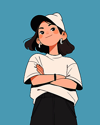 여자 일러스트 청소년 한명 미소 파란색 팔짱 귀걸이 자신감 활기 캡모자 십대여자한명만 국내일러스트 AI파일 모자_잡화 1 감정 컬러 컨셉 장신구 모션 표정 사람 여자한명만 십대여자만 파일형식 벡터