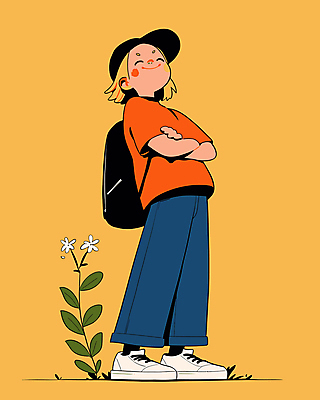 전신 여자 가방 일러스트 청소년 한명 미소 손들기 팔짱 들꽃 활기 캡모자 십대여자한명만 국내일러스트 AI파일 모자_잡화 1 잡화 꽃 컨셉 모션 표정 사람 여자한명만 십대여자만 파일형식 벡터