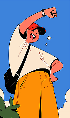 전신 남자 허리손 가방 일러스트 청소년 하늘 한명 미소 웃음 파란색 손들기 주먹 활기 캡모자 십대남자한명만 국내일러스트 AI파일 모자_잡화 1 잡화 컬러 포즈 컨셉 모션 표정 사람 남자한명만 십대남자만 파일형식 벡터