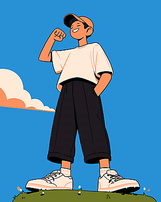 전신 남자 일러스트 청소년 한명 미소 파란색 손들기 주먹 주머니손 활기 캡모자 십대남자한명만 국내일러스트 AI파일 모자_잡화 1 컬러 컨셉 모션 표정 사람 남자한명만 십대남자만 파일형식 벡터