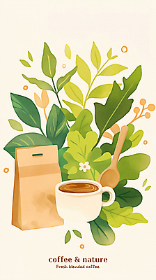 PSD 커피 일러스트 자연 나뭇잎 사람없음 초록색 종이봉투 원두 커피잔 나무숟가락 라떼아트 친환경제품 국내일러스트 음료 컬러 잎 봉투 잔 숟가락 그림 친환경 생태계 라떼 파일형식