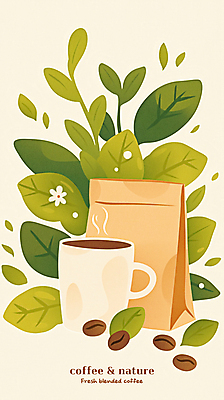 PSD 커피 일러스트 자연 나뭇잎 사람없음 초록색 종이봉투 원두 커피잔 라떼아트 친환경제품 국내일러스트 음료 컬러 잎 봉투 잔 그림 친환경 생태계 라떼 파일형식