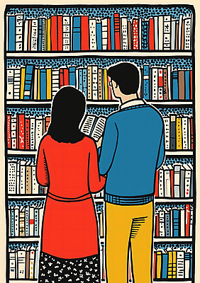 JPG 커플 여자 남자 데이트 일러스트 책장 성인 두명 라이프 책 독서 도서관 읽기 성인만 국내일러스트 AI일러스트 AI콘텐츠 교육 가구 관계 모션 사람 생활 파일형식