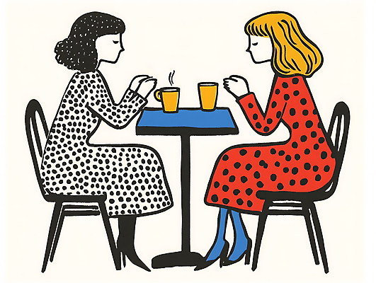 JPG 전신 여자 커피 의자 일러스트 탁자 성인 두명 라이프 친구 마주보기 카페 커피잔 수다 성인여자만 국내일러스트 AI일러스트 AI콘텐츠 음료 가구 관계 모션 잔 대화 사람 생활 상점 여자만 성인만 파일형식