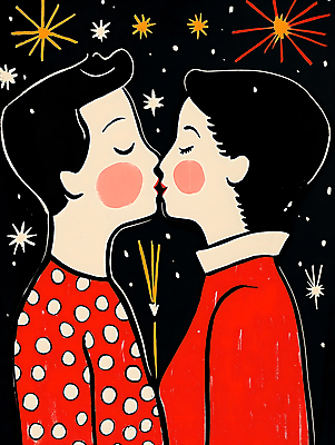 JPG 커플 여자 남자 데이트 일러스트 불꽃 키스 불꽃놀이 성인 두명 라이프 빨간색 눈감음 성인만 국내일러스트 AI일러스트 AI콘텐츠 컬러 관계 모션 놀이 불 사람 생활 애정표현 파일형식